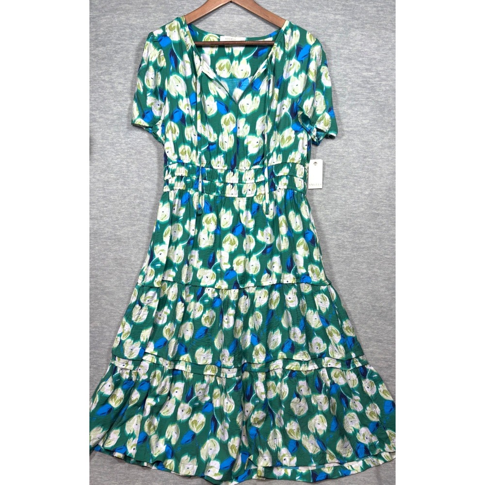 Angels Forever Young Dress L Green‎ Floral Smocked Tiered Midi